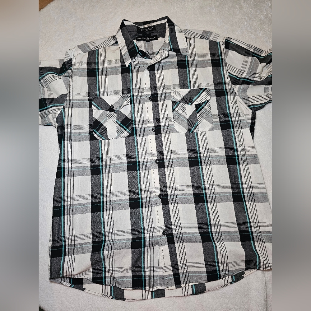 Beverly Hills Polo Club Mens Shirt XL Grey Blue White Plaid Short Sleeve Button